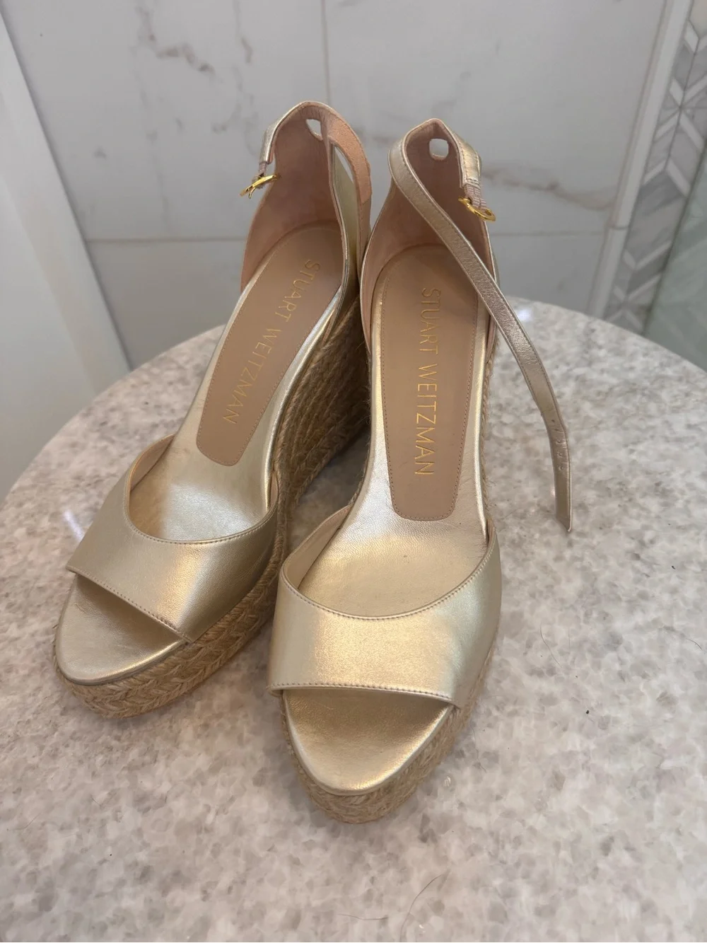Stuart Weitzman Gold Espadrille Wedge Sandals